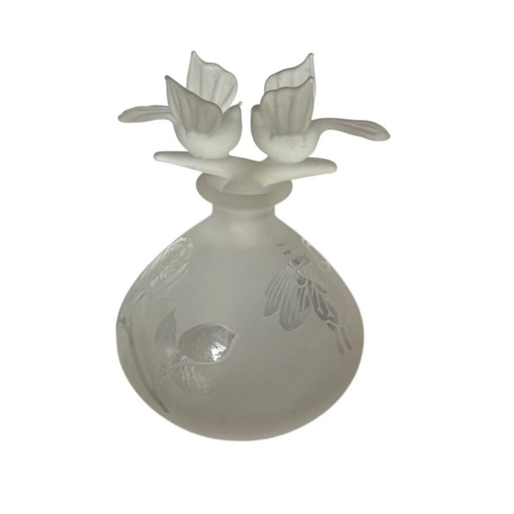 Vintage Frosted Glass Perfume Bottle w/ Dual Bird Sculpture Stopper 4.75"